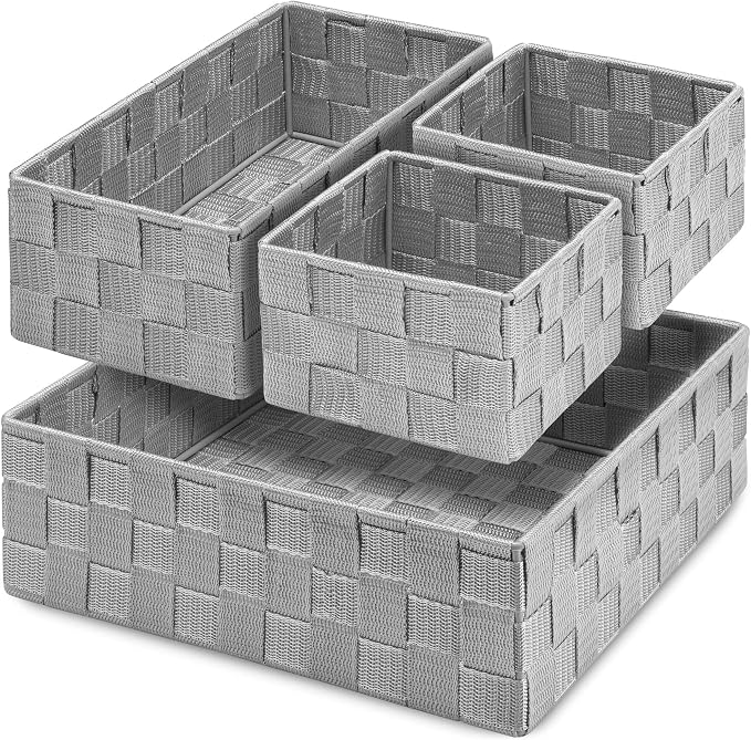 Posprica Drawer Organizer Bins,Woven Strap Storage Box Cube Basket Containers Divider for Organizing drawers, Shelves, Closets, Cabinets, Dressers and Countertops,set of 4, Light Grey by Posprica