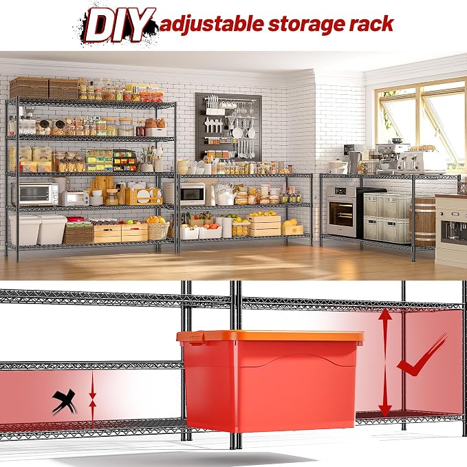 REIBII 55.5" W Storage Shelves 3200LBS Wire Shelving Unit 5 Tier Metal Shelving Heavy Duty Garage Shelving Metal Shelves for Storage Rack Adjustable Pantry Shelf, 55.5" W X 18''D X 71" H, 3PCS - Image 9