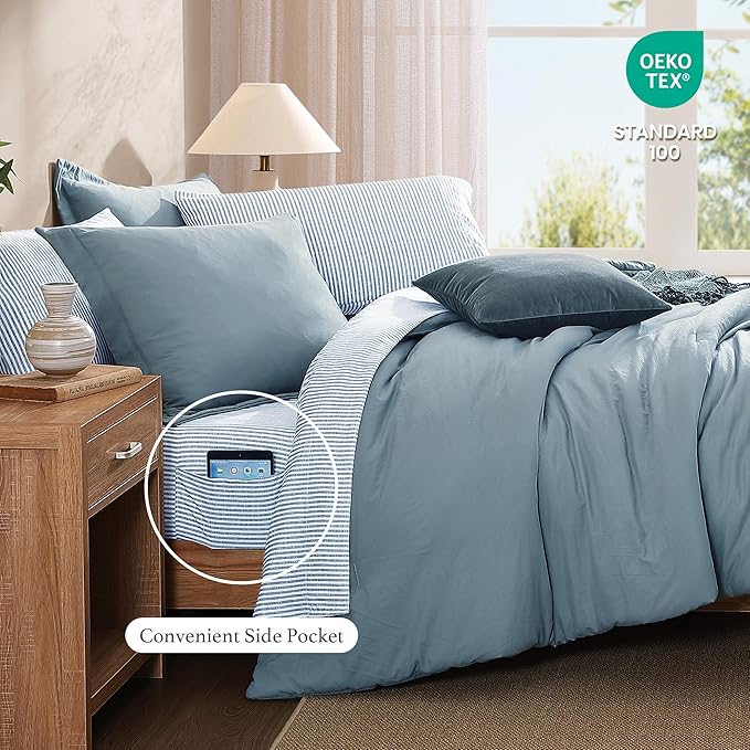 Monbix Oversized King Size Comforter Set - 7 Pieces Dusty Blue Prewashed Bed in a Bag Bedding Sets with Comforters, All Seasons Ultra Soft Comforter Bed Set with Sheets, Pillowcases & Shams