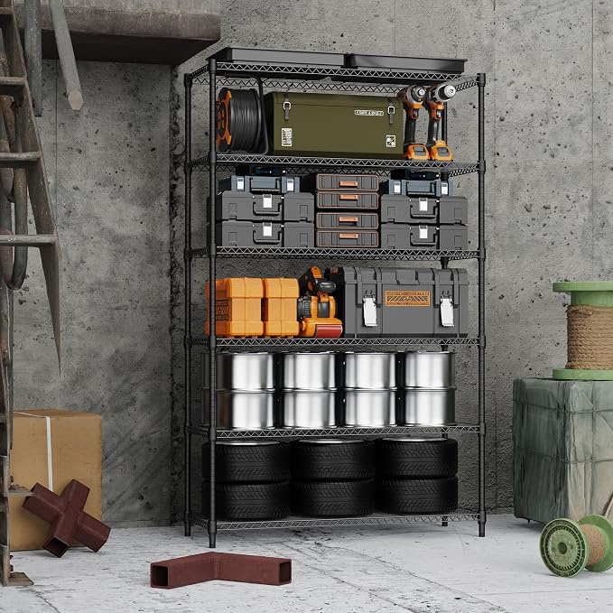 M MZG 6 Tiers Storage Shelves Load 2100LBS, Metal Shelving Wire Metal Shelving Unit Shelves for Storage Adjustable Garage Shelving for Pantry Kitchen Garage Black 17.7" D x 47.3" W x 82.4" H - Image 5