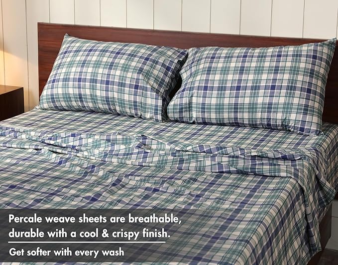 RUVANTI 100% Cotton Sheets – Split King Size Percale Bedding, Cooling & Breathable Floral Design, Durable with a Crisp, Soft & Comfortable Feel, 16" Deep Pocket, 5-Piece Set, Greenish Blue Plaid