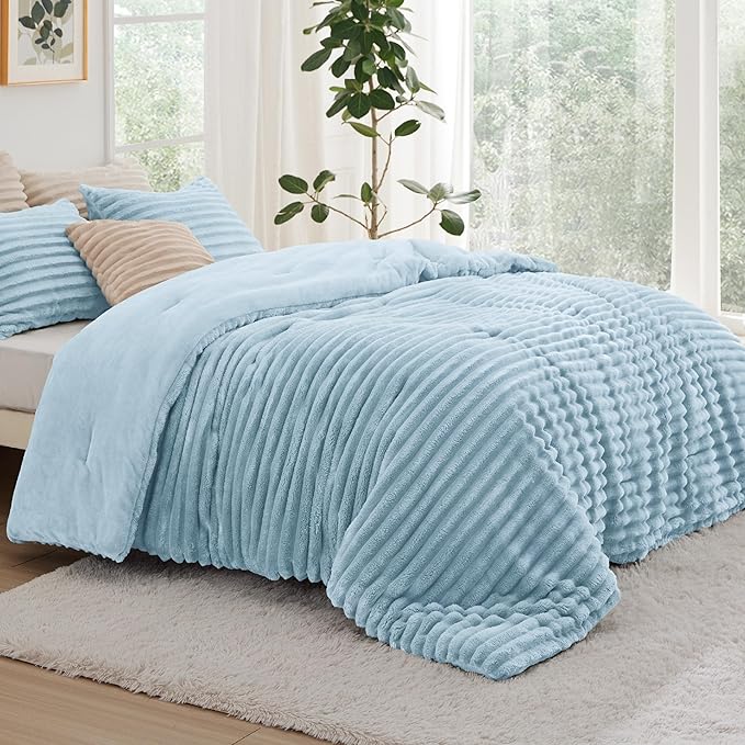 Bedsure Comforter Set Queen Size - GentleSoft™ 3 Pieces Double-Side Fleece Fluffy Light Blue Comforter Set, Cozy Striped Room Decor Aesthetic, Luxury Bedding Queen Size, 2 Pillowcases, 90x90 Inches