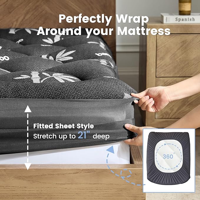 Mattress Topper Queen Size - Viscose Made from Bamboo Pillow Top Mattress Pad with Deep Pockets - Soft Mattress Topper for Back Pain Relief(60"x80",Black)