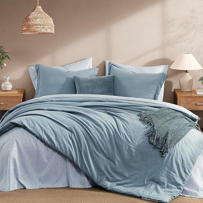 Monbix Queen Comforter Set - 7 Pieces Dusty Blue Prewashed Bed in a Bag Queen Bedding Sets with Comforters, All Seasons Ultra Soft Comforter Bed Set with Sheets,Pillowcases & Shams