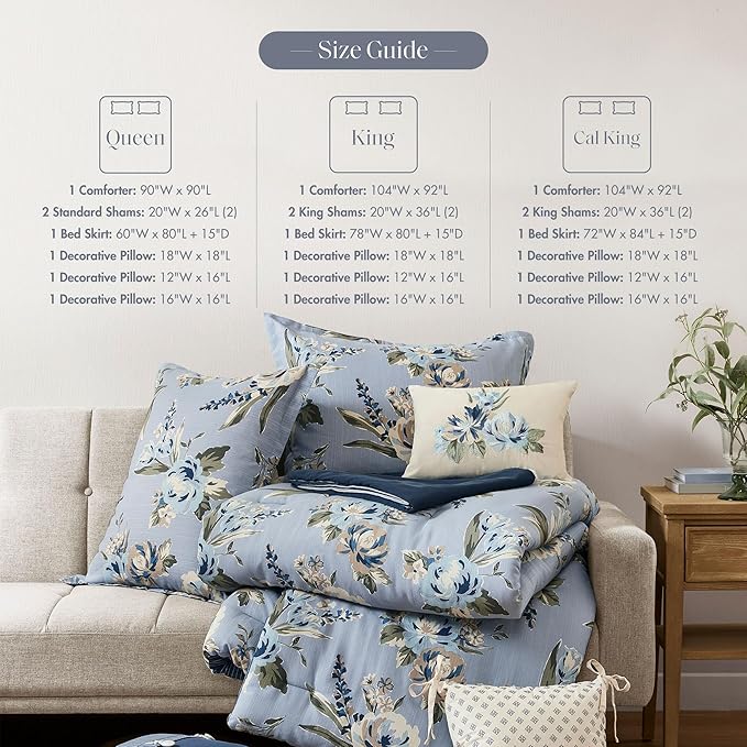 Madison Park King Comforter Set Vintage Floral Reversible Comforter, All Season, Down Alternative Bedding Comforter, Bedskirt, Pillows, Shams, Salara, King Blue 7 Piece
