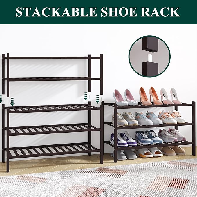 Smiry Bamboo Shoe Rack for Closet, 3 Tier Wooden Stackable Shoe Organizer, Free Standing Shoes Storage Shelf for Entryway, Front Door Entrance, Brown - Image 4