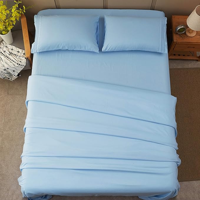 SONORO KATE Bed Sheet Set Super Soft Microfiber 1800 Thread Count Luxury Egyptian Sheets 16-Inch Deep Pocket Wrinkle and Hypoallergenic-4 Piece(Queen Lake Blue)