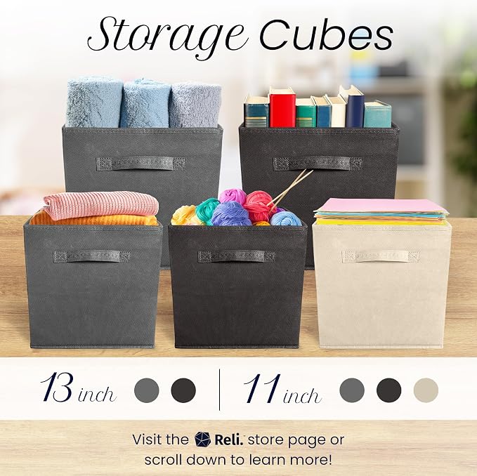 Reli. 11 Inch Cube Storage Bins (12 Pack) | Cube Organizer Bins | 11x11 Fabric Storage Boxes | Collapsible, Foldable Fabric Cubby Box (Square) | Bedroom, Office, Home Organization - Image 7