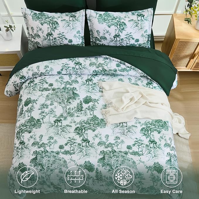 DJY Queen Size Comforter Sets, Green Botanical Comforters with Sheets 7 Pieces Bed in a Bag Queen Elegant Plants Print Soft Microfiber Reversible Complete Bedding Sets for All Season