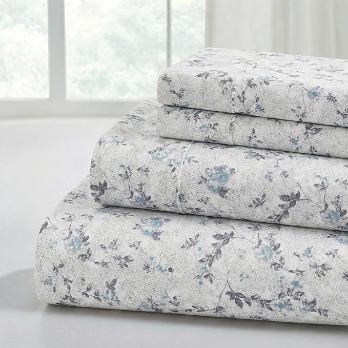 Modern Threads Silky Soft Microfiber and Wrinkle Free Sheets - Luxurious Microfiber Bed Sheets Includes Flat Sheet, Fitted Sheet with Deep Pockets, & Pillowcases Kashmir Rose Blue, Full