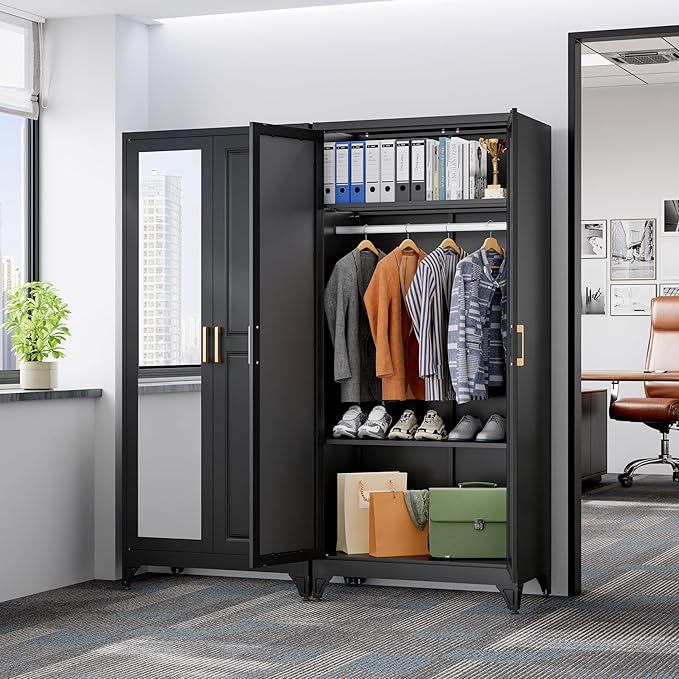 SteeLoong Metal Wardrobe Cabinet with Hanging Rod, 71" Tall Armoire Wardrobe Closet with 2 Mirror Doors and Adjustable Shelves, Black Clothing Storage Cabinets for Bedroom, Laundry Room