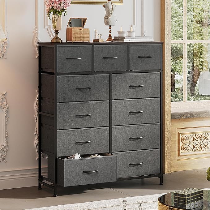 WLIVE Tall Dresser for Bedroom, Fabric Dressers Storage Tower, Dresser & Chest of Drawers Organizer Unit with 11 Drawers, Storage Cabinet, Hallway, Closets, Steel Frame, Wood Top, Dark Grey - Image 4