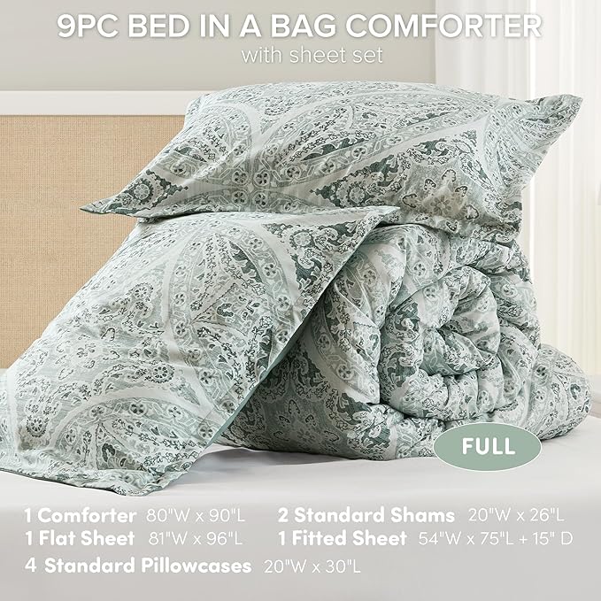 Comfort Spaces Bed in A Bag Comforter Set - Trendy Casual Design Full Comforter with Complete Sheet Set with Side Pocket, All Season Comforter, Shams, Gloria, Full Green 9 Piece