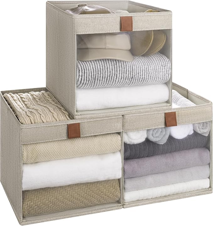 StorageWorks 11x11 Storage Cubes, Closet Storage Bins with Clear Window, Fabric Organizer for Clothes, Collapsible Storage Baskets with PU Handles, Brown and Beige, 3-Pack by StorageWorks