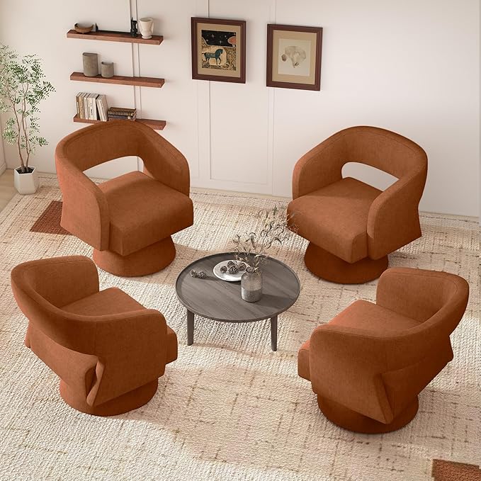 Nebuaegis Swivel Accent Chair Set of 2, Modern Comfy Chenille Barrel Chairs, Oversized Upholstered Round Arm Chair for Living Room, Bedroom, Reading Room, Caramel