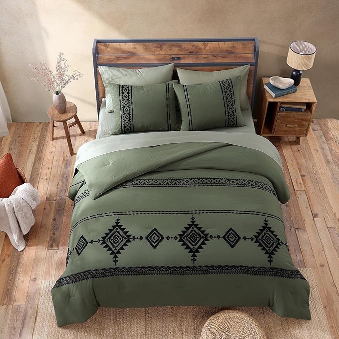 MaiRêve Embroidery Comforter Set, Boho Farmhouse Western Bedding Set, All Season Bed in A Bag Comforter Set with Sheets, Pillowcases & Shams, Olive Green Queen 7 Pieces