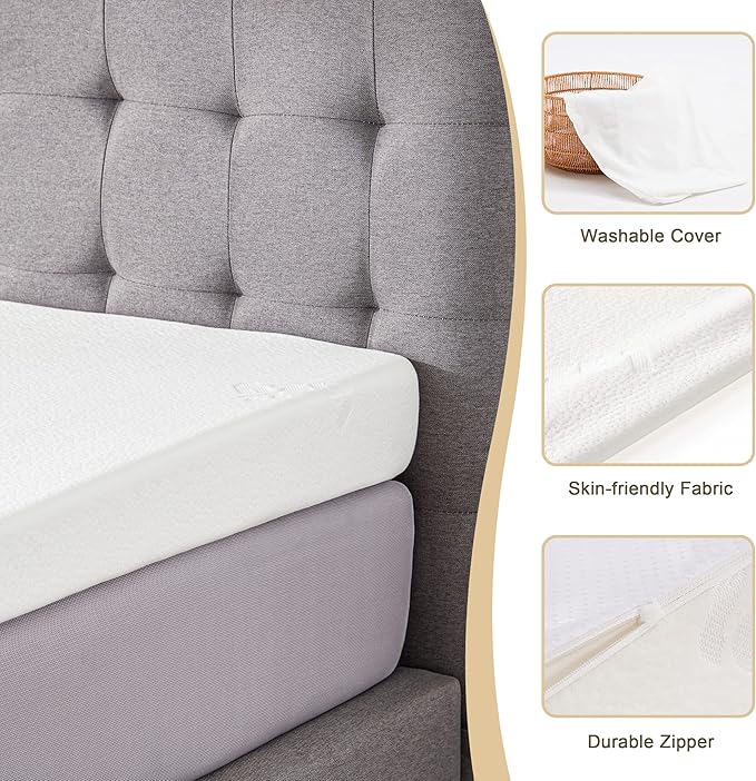 Queen Inclined Wedge Mattress Topper, 5-Inch, Washable, Non-Slip Bottom, Promotes Better Sleep, Reduces Snoring, GERD Relief