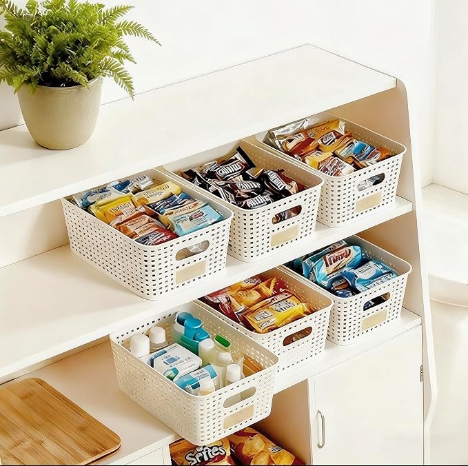 6Pcs Storage Bins with Lids, Stackable Plastic Storage Basket with Bamboo Lid, Pantry Organizer Box Small Containers for Organizing Shelves Drawer Desktop Closet Cabinet Office Classroom 10x7.1x4.1in - Image 6
