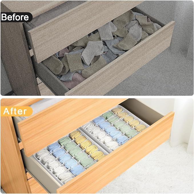 Joyoldelf Sock Organizer Drawer Organizer - Underwear Organizer, 24 Cell Collapsible Closet Organizers and Storage Sock Holders Organizers for Storing Socks, Ties, Belts 6 Pack White - Image 6