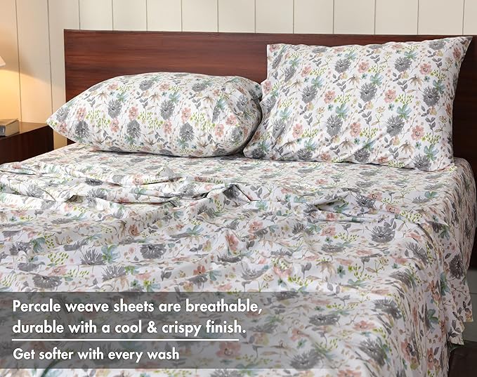 RUVANTI 100% Cotton Sheets – Full Size Percale Bedding, Cooling & Breathable Floral Design, Durable with a Crisp, Soft & Comfortable Feel, 16" Deep Pocket, 4-Piece Set, Dandelion Field
