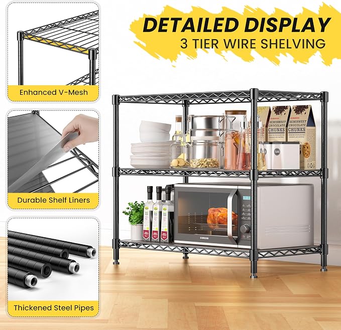 3-Tier Storage Shelves 795LBS Metal Shelving Unit, Adjustable Wire Rack Small Shelf Organizer with Shelf Liners for Kitchen Pantry Office Closet Garage 24" W x 14" D x 30.5" H Black - Image 8