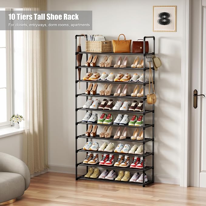 Shoe Rack, 10 Tier Shoe Storage Organizer with Hooks,Fit 40-45 Pairs Shoes,Metal Tall Shoe Shelf for Closet,Entryway, Hallway,Garage,Bedroom,Cloakroom - Image 5