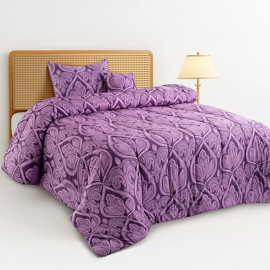 LUX Décor Reversible 4pc Twin Comforter Set, Printed Bedding Set, All-in-One Bed in a Bag, Includes 1 Comforter, 1 Pillow Sham, 1 Decor Pillow & 1 Bed Skirt (Paisley Purple,Twin)