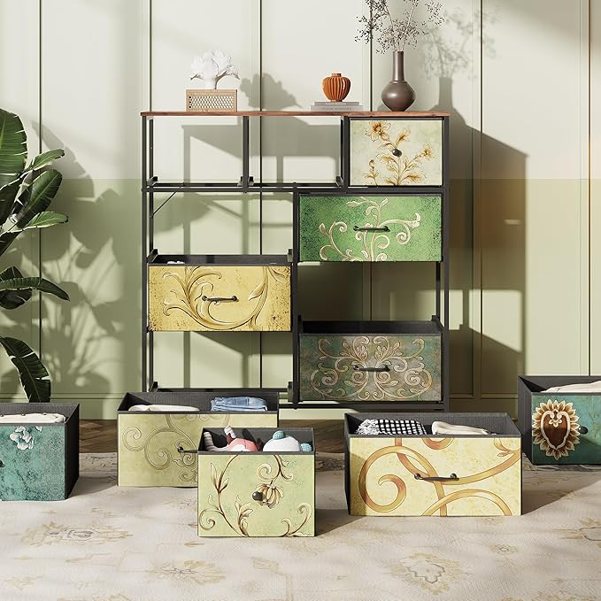 WLIVE Tall Dresser for Bedroom, Fabric Dresser Storage Tower, Chest of Drawers Organizer Unit with 11 Drawers, Storage Cabinet, Hallway, Closets, Steel Frame, Wood Top, Vintage,Floral Painted - Image 4