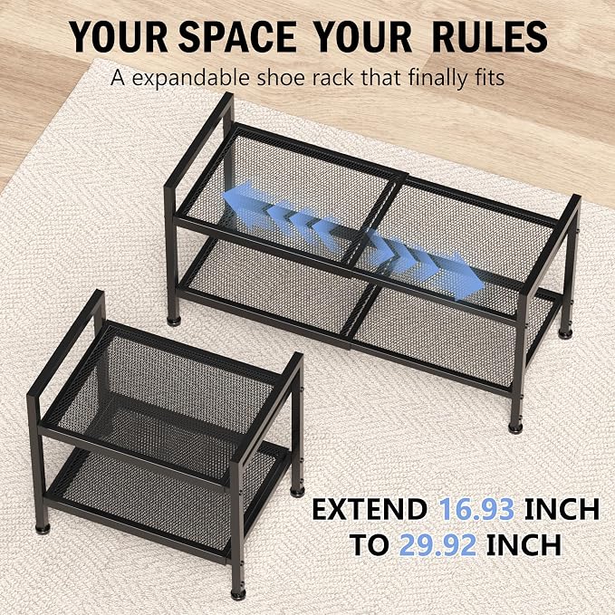 2 Tier Shoe Rack, Expandable Shoe Rack for Closet, Adjustable Shoe Organizer for Entryway, Shoe Storage Organizer for Door Entrance, Garage, Bedroom - Image 4