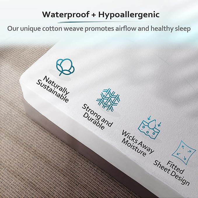 PlushDeluxe Full Mattress Protector, Breathable Soft Terry Cotton Fitted Sheet Bed Cover with Deep Stretchable Pockets, 100% Waterproof, Noiseless, Hypoallergenic, Dust Mite Proof, 54"x75"x15"