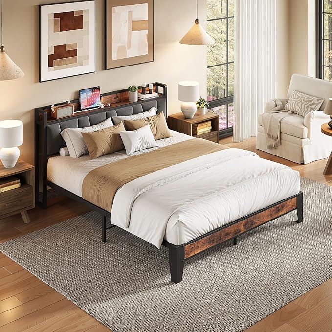 LIKIMIO Queen Bed Frame, Storage Headboard with Charging Station, Solid and Stable, Noise Free, No Box Spring Needed, Easy Assembly