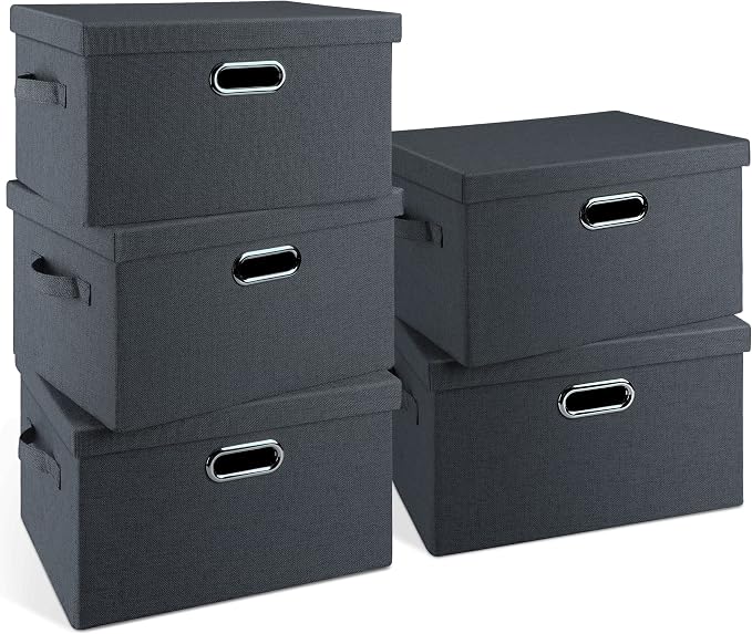 Graciadeco Medium 15" 21 Quart Collapsible Stackable Storage Bins with Lids, 5 Packs Dark Gray Foldable Fabric Closet Storage Boxes with Lids, Lidded Heavy-duty Linen Baskets(15x11x8) by GraciadecoStorage
