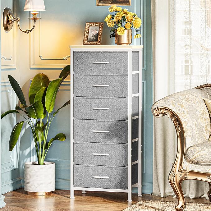 Huuger 43.3 Inch Tall Dresser for Bedroom, 6 Drawer Night Stand & Chests of Drawers, Fabric Dresser for Closet, Bedroom, Nightstand, End Table with Metal Frame, Storage Tower with Fabric Bins, Grey - Image 6
