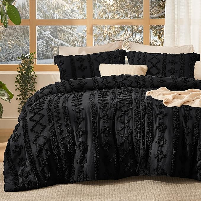 Bedsure Tufted Boho Comforter Set King Size - Black Boho Bed Set, GentleSoft™ 3 Pieces Farmhouse Shabby Chic Embroidery Bedding, Gifts for Woman, Soft Jacquard King Comforter for All Seasons