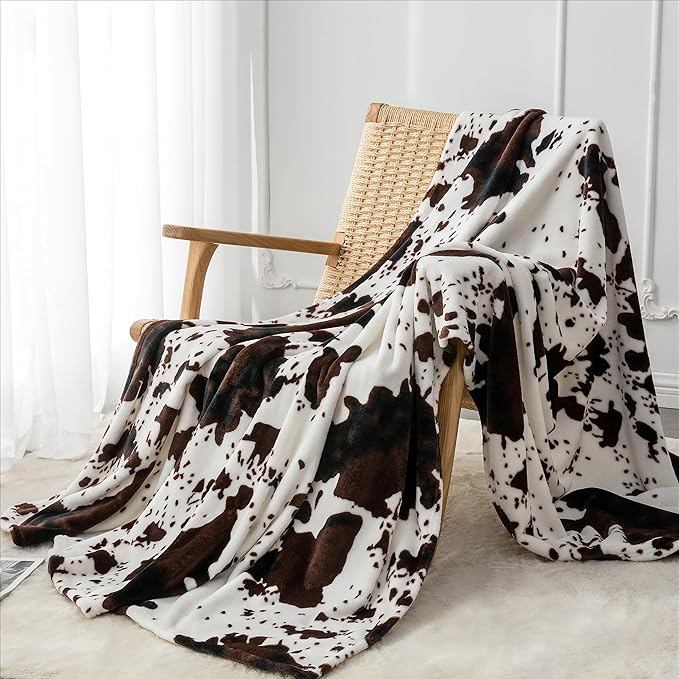 BEDELITE Cow Print Throw Blanket for Couch & Bed, 300GSM Cute Luxury Plush Cozy Fuzzy Blanket 50" x 60", Super Soft Warm Lightweight Throw Blanket for Travel Camping, Brown