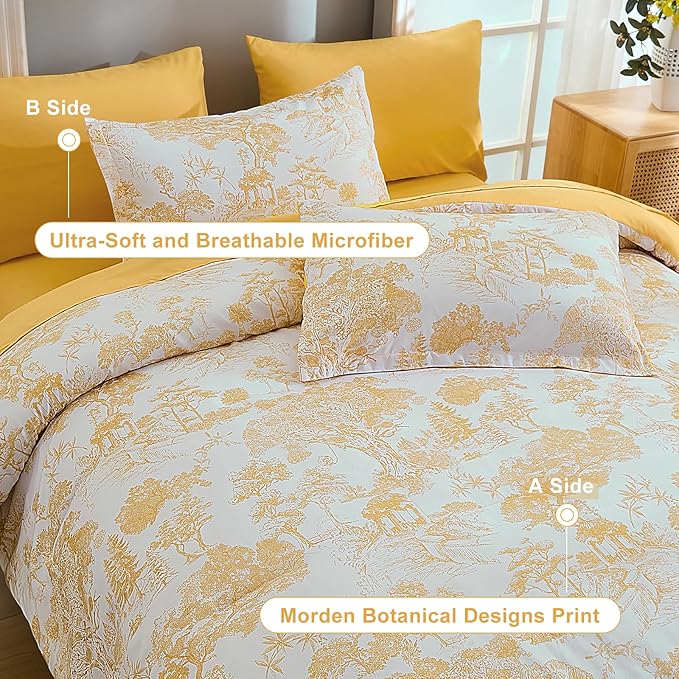DJY King Size Comforter Sets, Yellow Botanical Comforters with Sheets 7 Pieces Bed in a Bag King Elegant Plants Print Soft Microfiber Reversible Complete Bedding Sets for All Season
