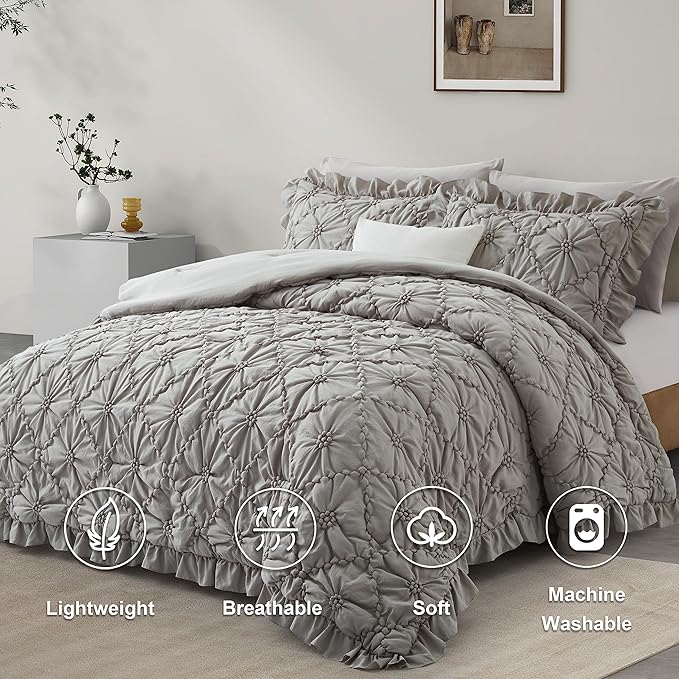 BEDAZZLED Queen Size Comforter Sets,Grey Bedding Comforter Set, 3 Pieces Pinch Pleat Bedding Sets with Comforter and Pillowcases Soft Farmhouse Shabby Chic Comforter for All Season