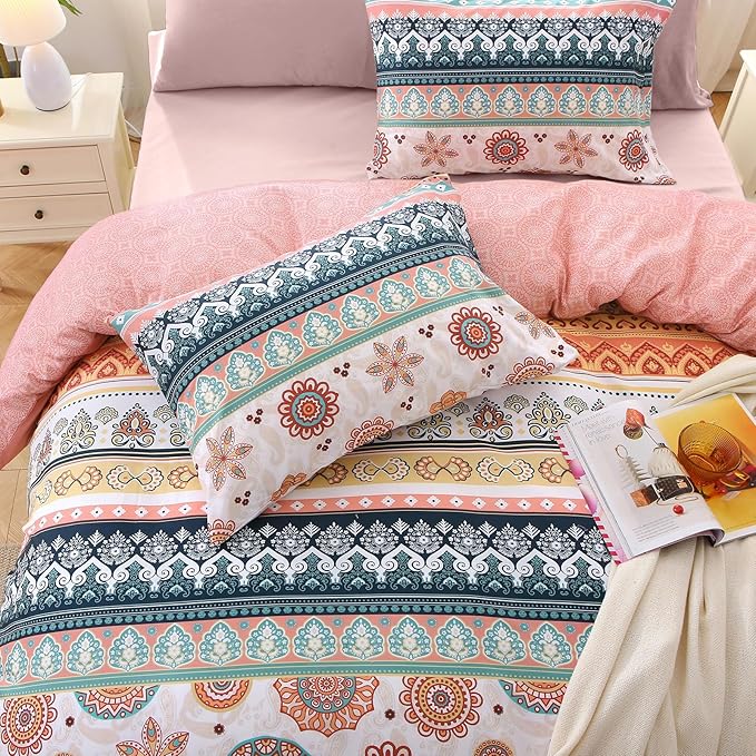 MUXHOMO Full Comforter Set, Bohemian Elegant Floral Print Bed in a Bag 7 Pieces, Ultra Soft & Breathable Reversible Botanical Pattern Bedding Set with Comforter, Sheets, Pillowcases, and Shams