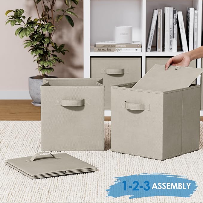 Set of 8 Foldable Fabric Storage Cube Bins | Collapsible Cloth Organizer Baskets Containers | Folding Nursery Closet Drawer | Features Dual Handles | More Beautiful Colors Available (Off White) - Image 6