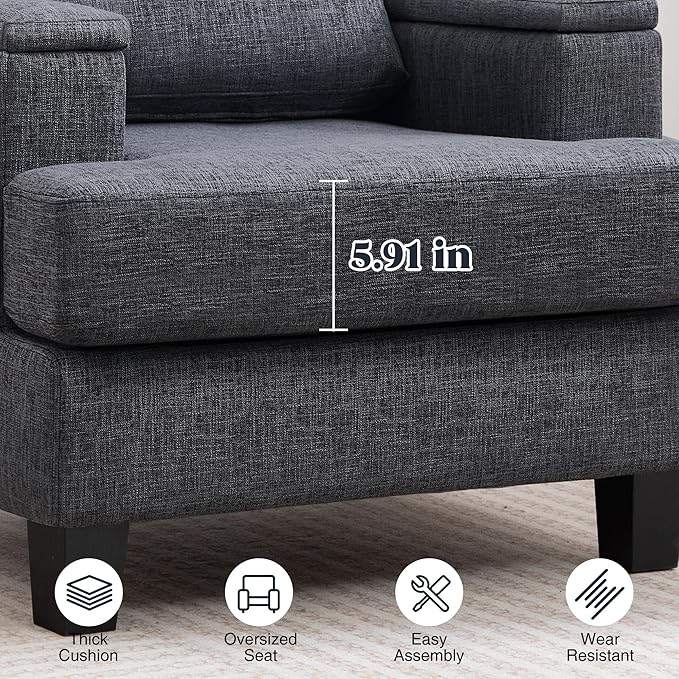 Accent Chair for Living Room, Modern Upholstered Reading Chairs with Armrest Storage, Comfy Large Armchair, Fabric Single Sofa Chair for Bedroom (Dark Grey)