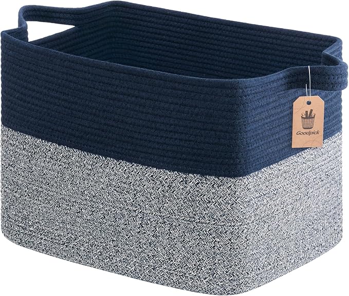 Goodpick Woven Baskets for Organizing, 18" x 14" x 12" Large Storage Basket for Living Room Bedroom, Decorative Toy Baskets Storage Kids Rectangle Blanket Basket with Handles, Dark Blue by Goodpick