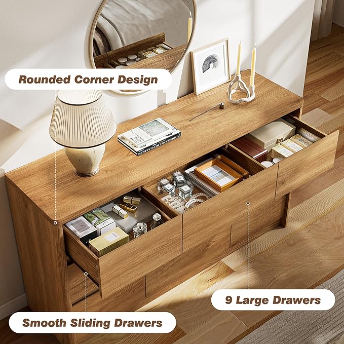 NowMais 3 Pieces of Dresser and Nightstand Set,55 Inch Width 9-Drawer Dresser & 2-Drawer Nightstands Set of 2,Nightstand with USB&Type C Charging Station&Outlets, Modern Design for Bedroom,Natural Oak