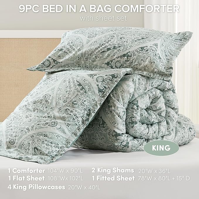 Comfort Spaces Bed in A Bag Comforter Set - Trendy Casual Design King Comforter with Complete Sheet Set with Side Pocket, All Season Comforter King, Shams, Gloria, King Green 9 Piece