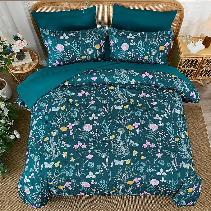 Yiran Teal Blue Comforter Set Queen Size, 7 Piece Floral Botanical Comforter Bedding Set, Farmhouse Bed in a Bag, Soft Microfiber Complete Bedding Set with Sheets for All Season