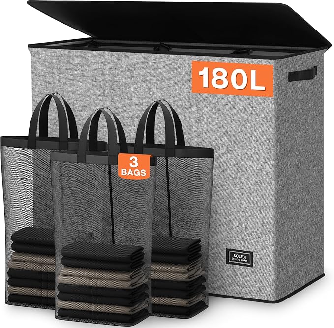 SOLEDI 180L Laundry Hamper 3 Section, Extra Large Laundry Hamper with Lid, Dirty Clothes Hamper with Sturdy Handle, Large Laundry Basket Organizer for Laundry Room, Bedroom, Hampers for Laundry by SOLEDI