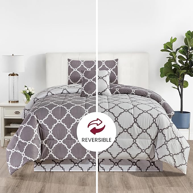 LUX Décor Reversible 4pc Twin Comforter Set, Printed Bedding Set, All-in-One Bed in a Bag, Includes 1 Comforter, 1 Pillow Sham, 1 Decor Pillow & 1 Bed Skirt (Quatrefoil Grey,Twin)