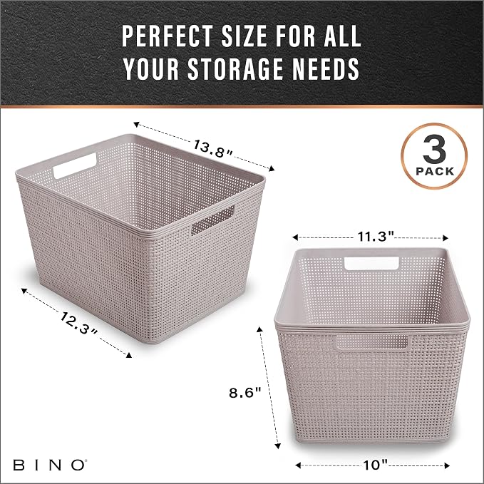 BINO | Woven Plastic Basket | Large (Natural Grey), 3-Pack | THE JUTE COLLECTION | Home Organization, Space - Saving Storage, Stylish Design | Jute Basket | Plastic Storage Basket - Image 3