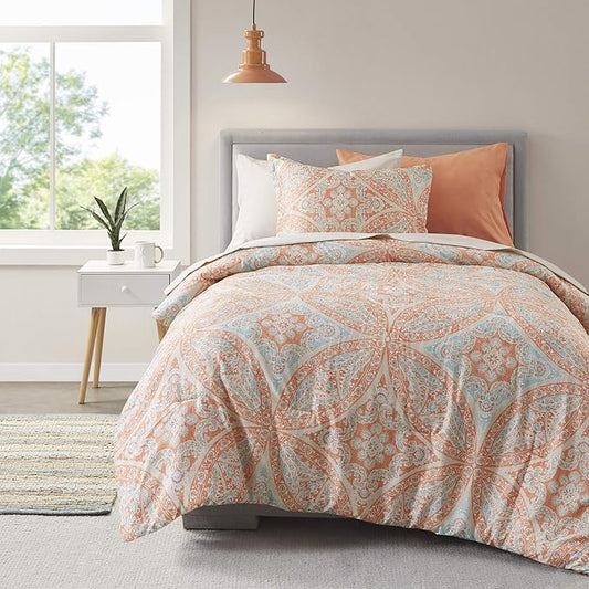 Comfort Spaces Bed in A Bag - Trendy Casual Design Cozy Comforter with Complete Sheet Set with Side Pocket, All Season Cover, Matching Shams, Twin XL(66 in x 90 in), Gloria, Damask Coral 6 Piece