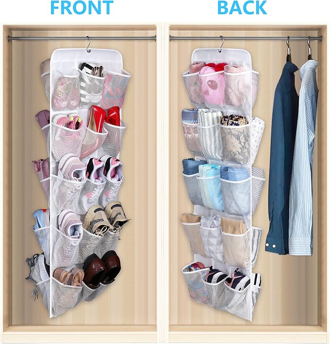 MISSLO 30 Large Pockets Dual Sided Hanging Baby Shoe Organizer for Closet with Rotating Hanger Hanging Shoe Shelves, White - Image 2
