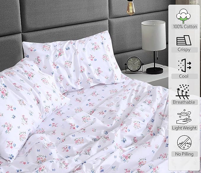 RUVANTI 100% Cotton Sheets – California King Percale Bedding, Cooling & Breathable Floral Design, Durable with a Crisp, Soft & Comfortable Feel, 14" Deep Pocket, 4-Piece Set, Funa Flora